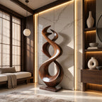 Modern Wood Sculpture With Interlocking Double Loop Form For Living Room