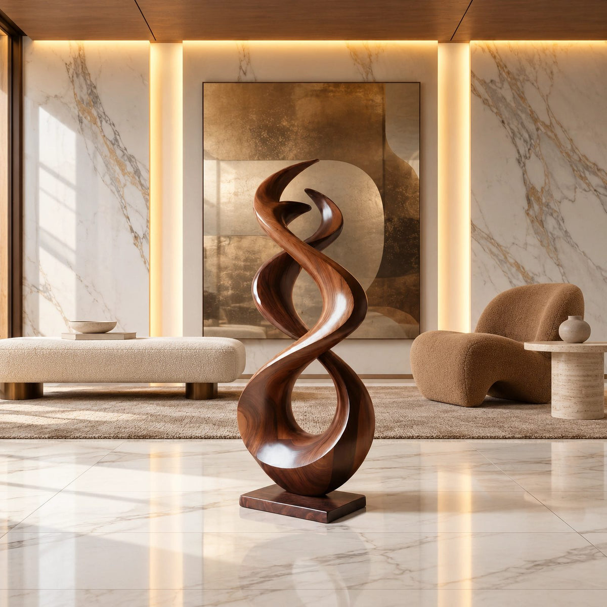 Modern Wood Sculpture With Interlocking Double Loop Form For Living Room