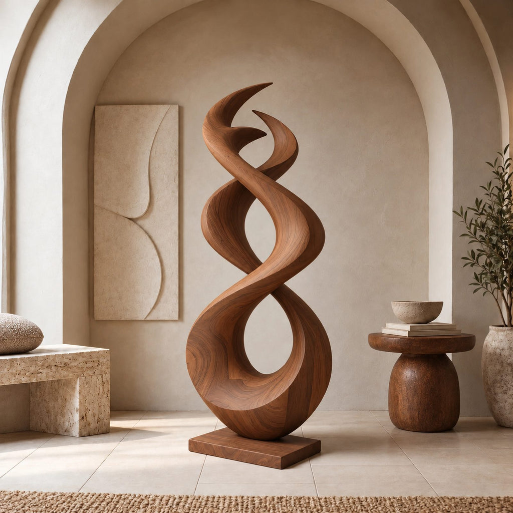 Modern Wood Sculpture With Interlocking Double Loop Form For Living Room