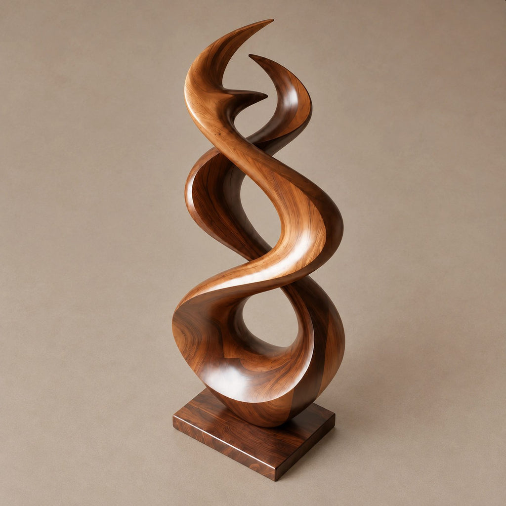 Modern Wood Sculpture With Interlocking Double Loop Form For Living Room