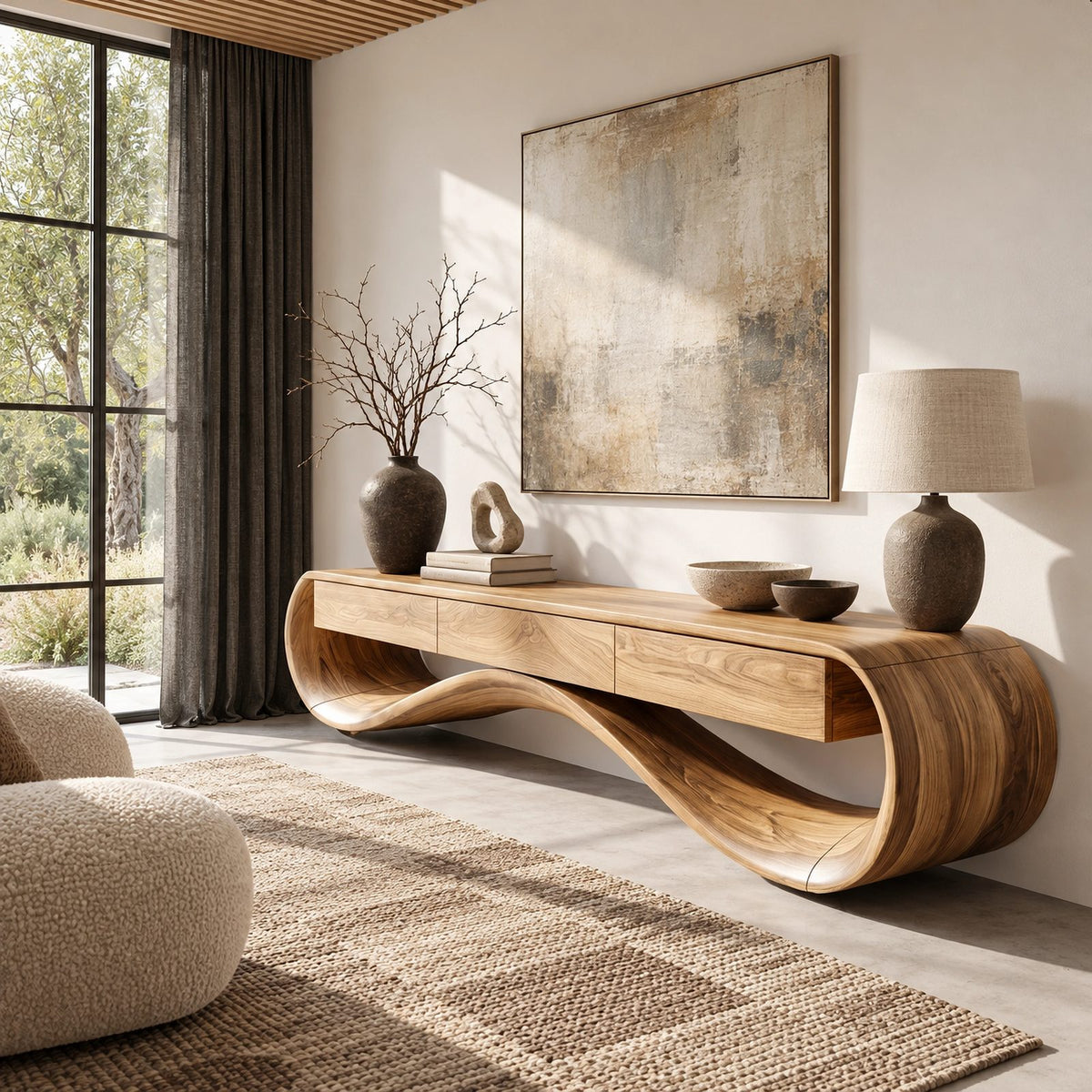 Sculptural Wave TV Stand With Three Drawers For Living Room