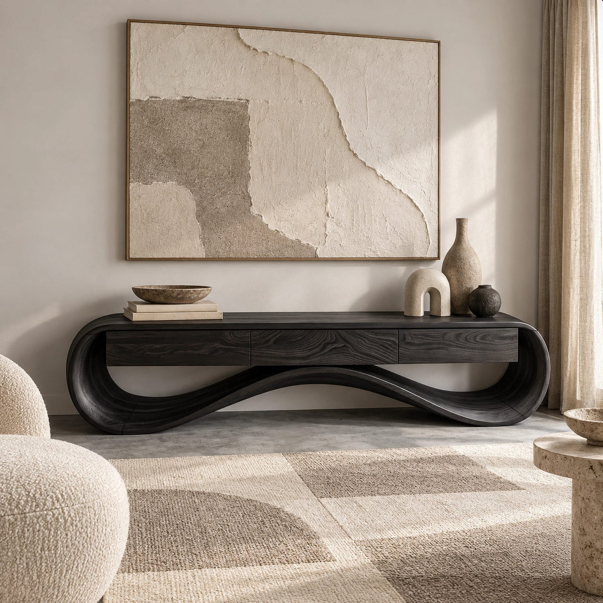 Sculptural Wave TV Stand With Three Drawers For Living Room