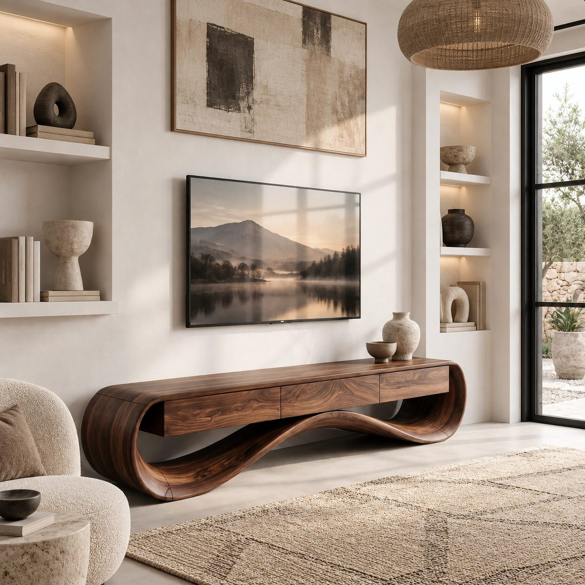 Sculptural Wave TV Stand With Three Drawers For Living Room