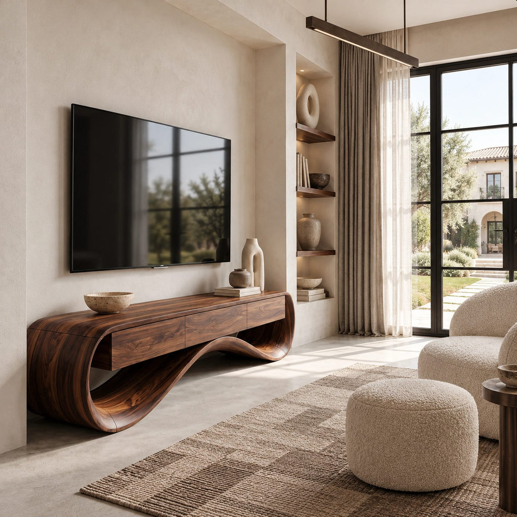 Sculptural Wave TV Stand With Three Drawers For Living Room