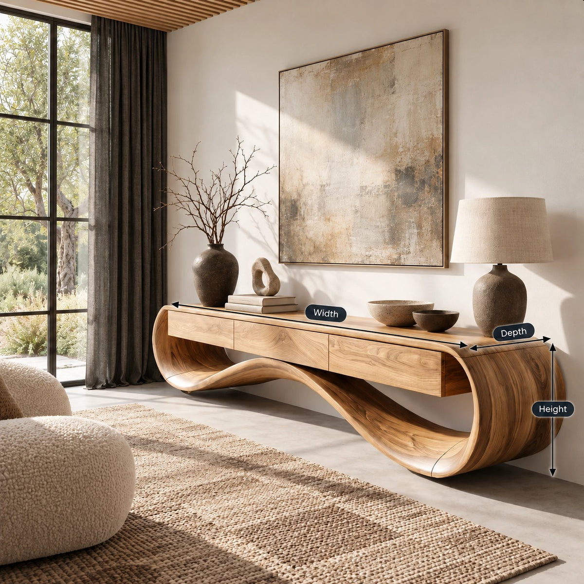 Sculptural Wave TV Stand With Three Drawers For Living Room