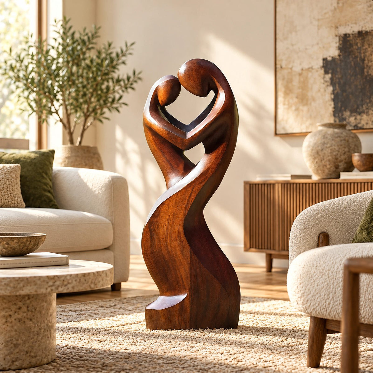 Contemporary Wood Sculpture With Open Heart Crown Twist For Entryway