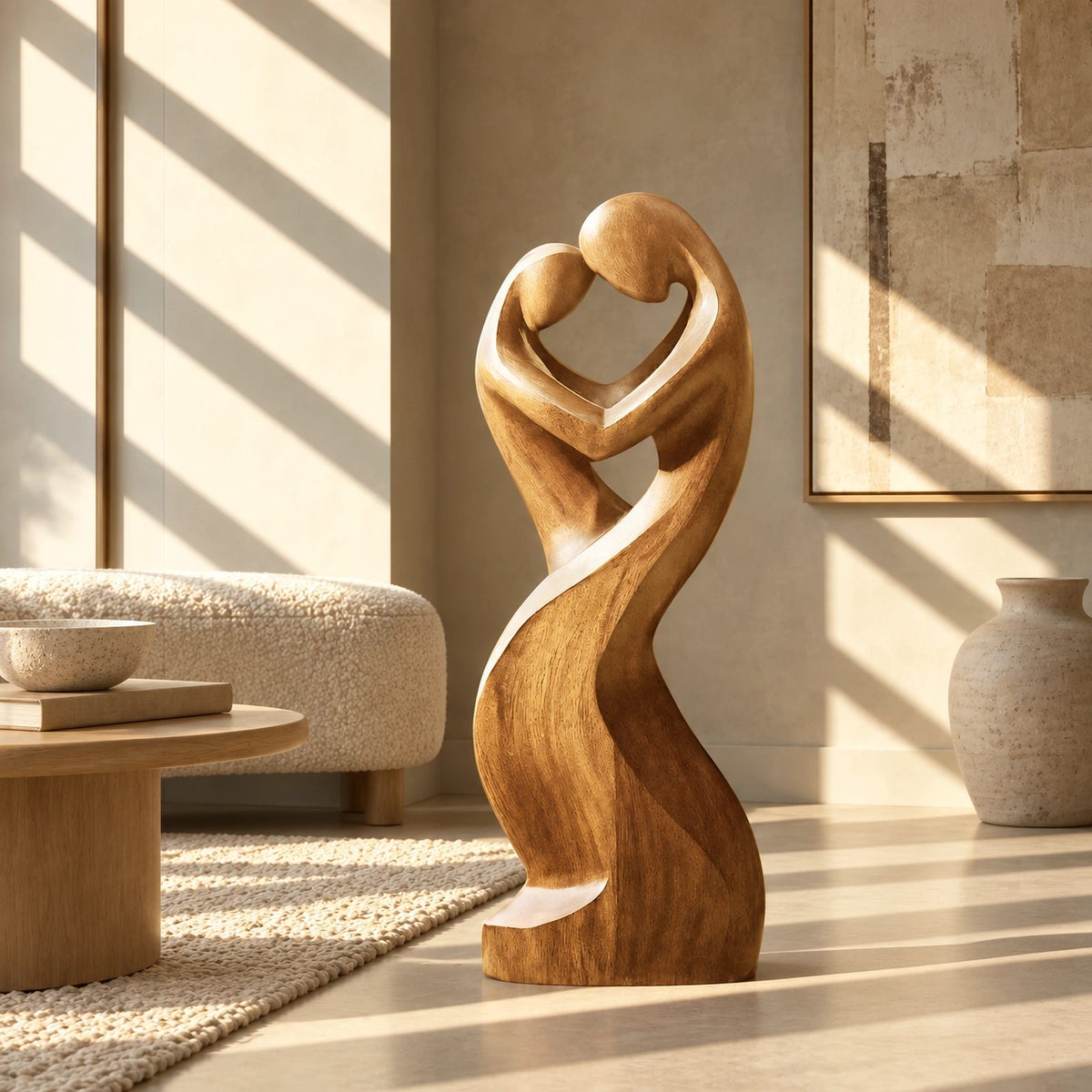 Contemporary Wood Sculpture With Open Heart Crown Twist For Entryway