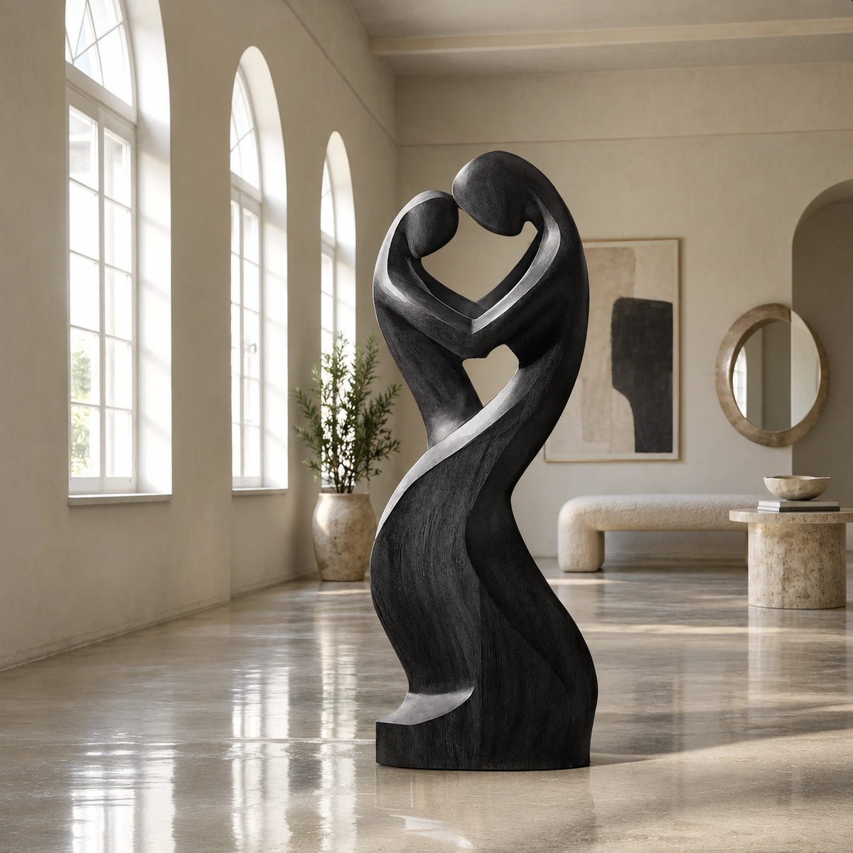 Contemporary Wood Sculpture With Open Heart Crown Twist For Entryway
