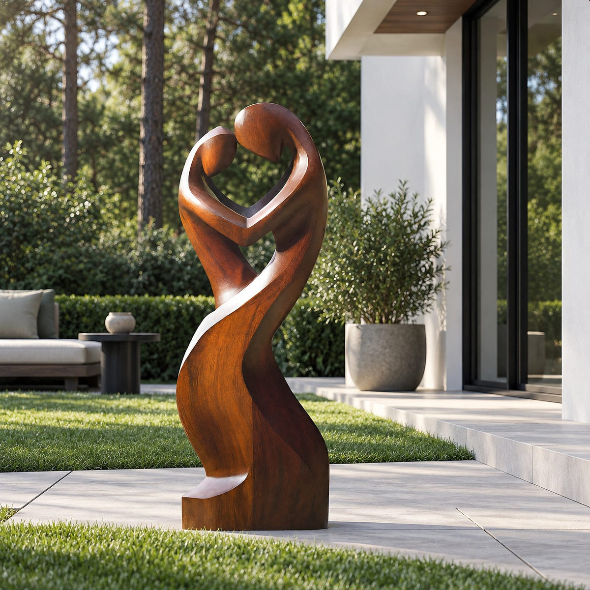 Contemporary Wood Sculpture With Open Heart Crown Twist For Entryway