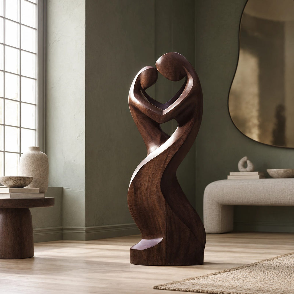 Contemporary Wood Sculpture With Open Heart Crown Twist For Entryway