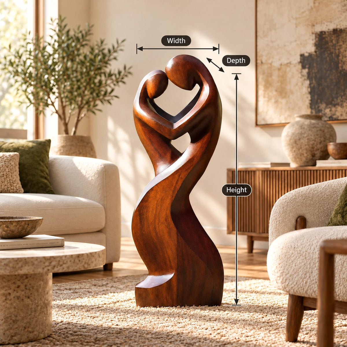 Contemporary Wood Sculpture With Open Heart Crown Twist For Entryway