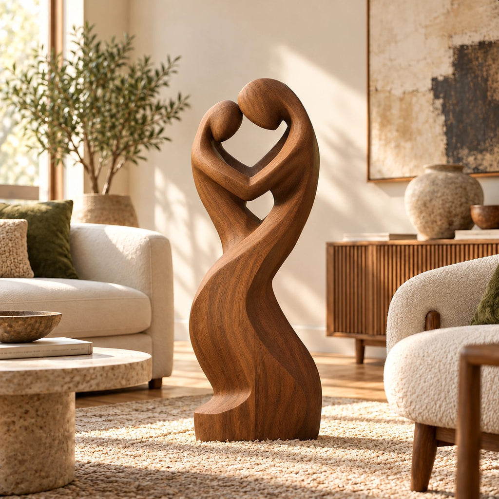 Contemporary Wood Sculpture With Open Heart Crown Twist For Entryway