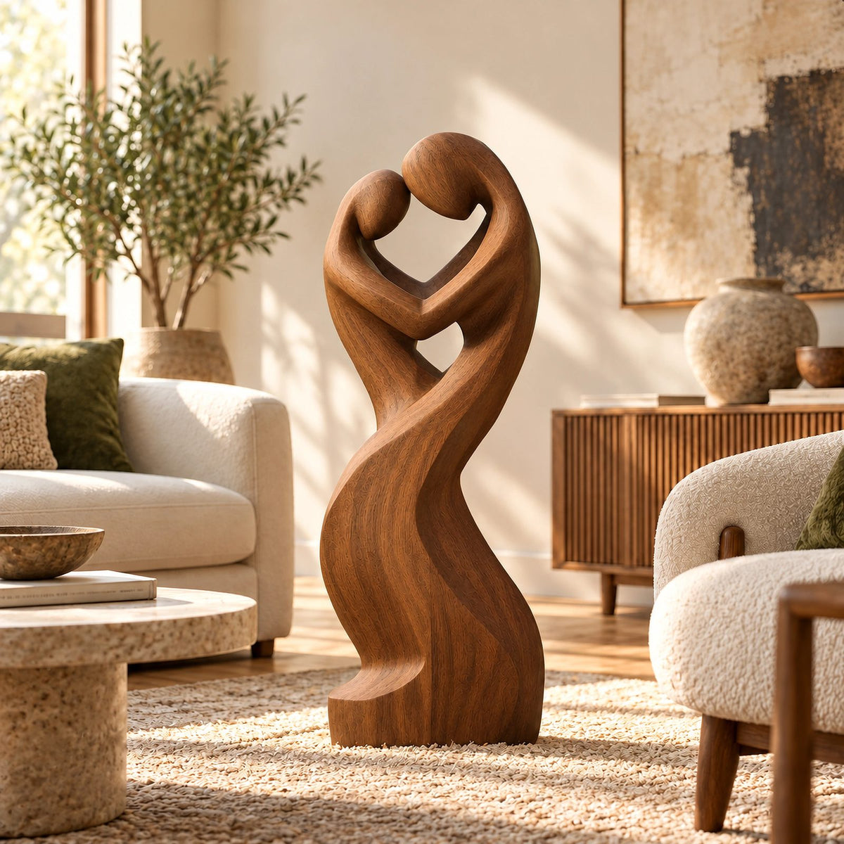 Contemporary Wood Sculpture With Open Heart Crown Twist For Entryway