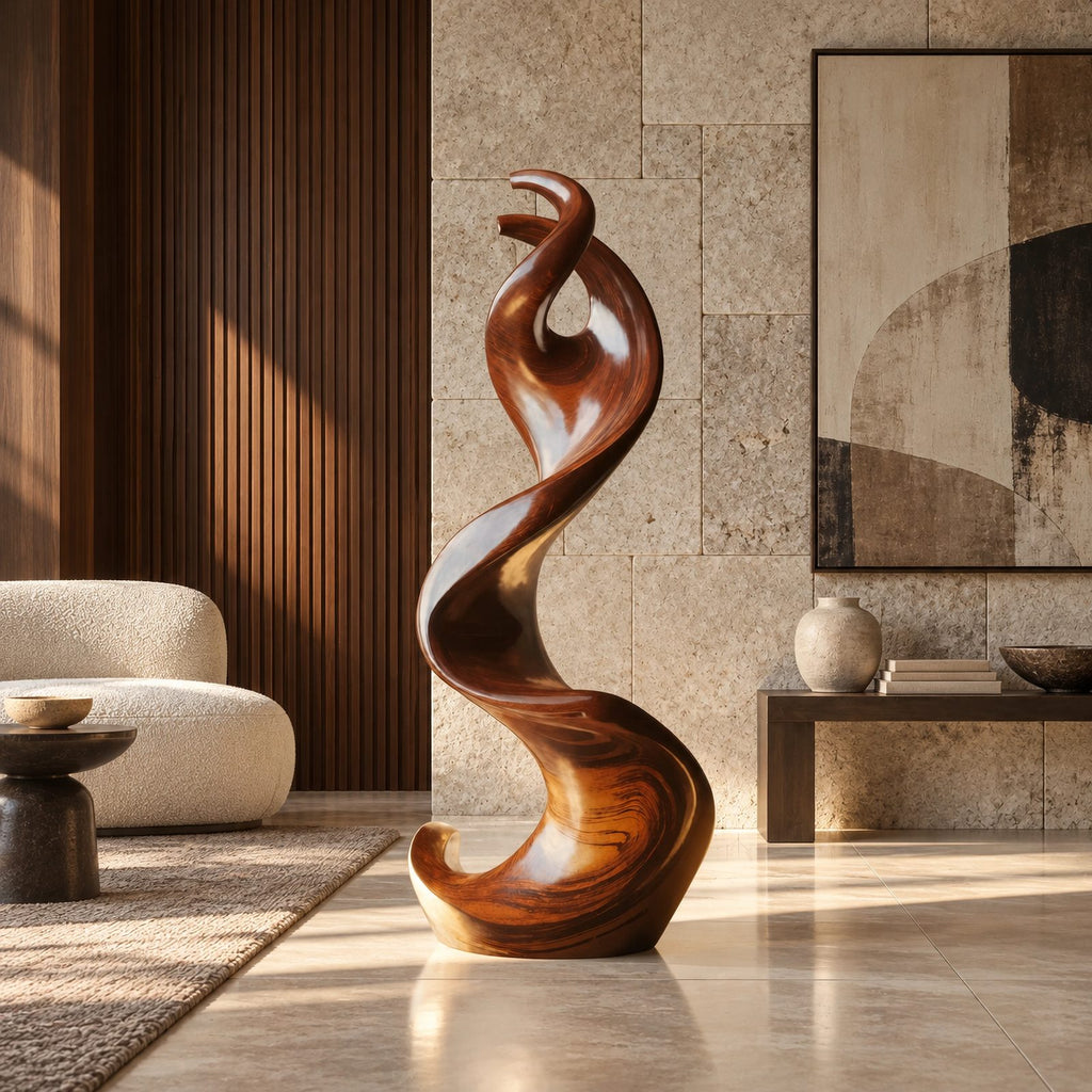 Mid Century Wood Sculpture With Curled Flame Tip For Living Room