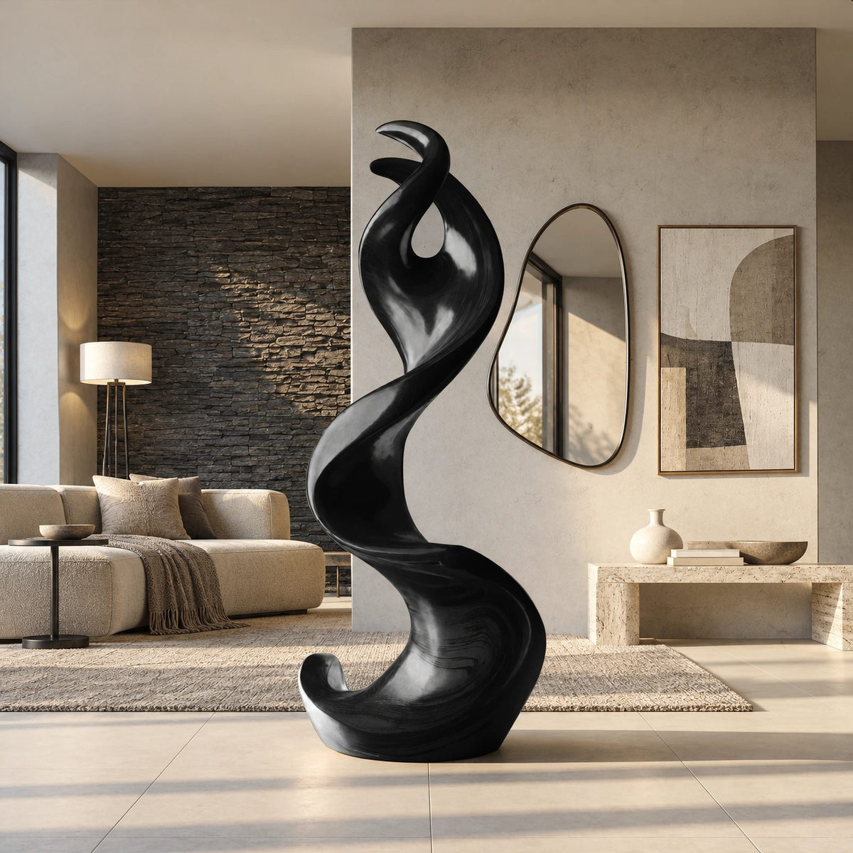 Mid Century Wood Sculpture With Curled Flame Tip For Living Room
