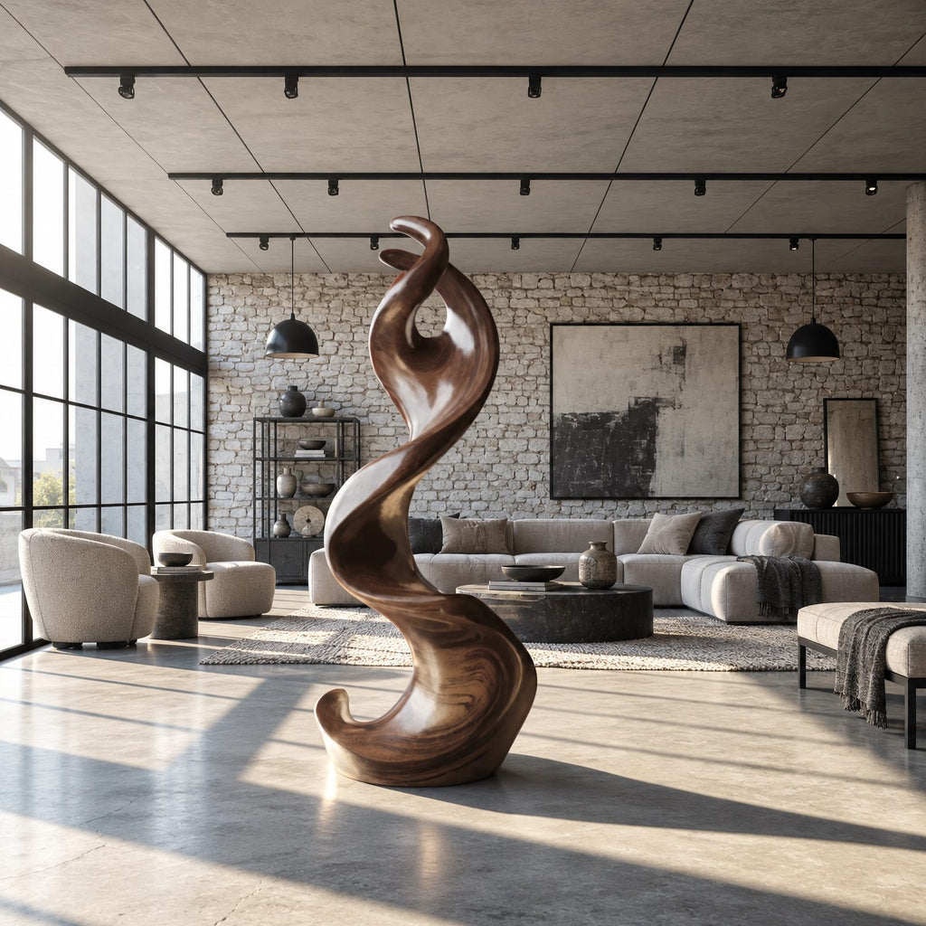 Mid Century Wood Sculpture With Curled Flame Tip For Living Room