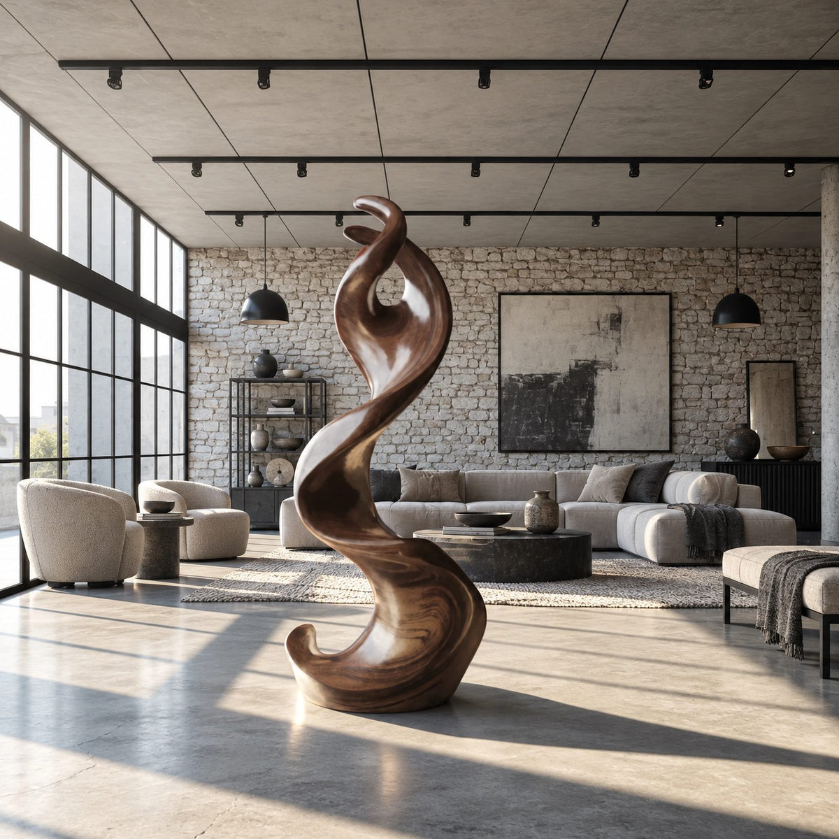Mid Century Wood Sculpture With Curled Flame Tip For Living Room