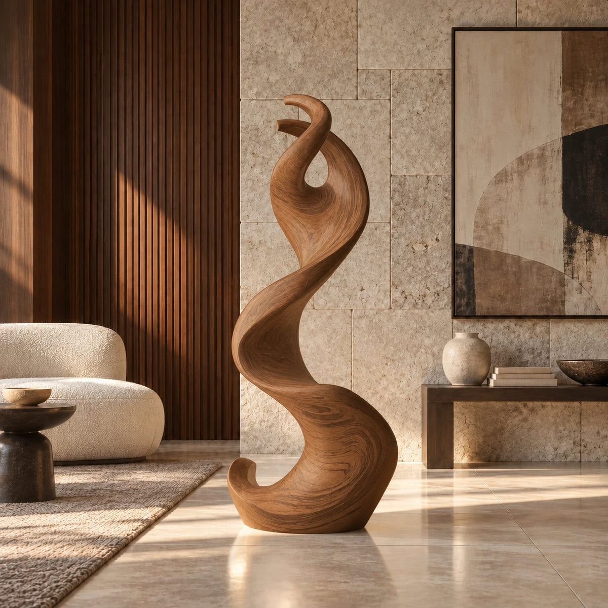 Mid Century Wood Sculpture With Curled Flame Tip For Living Room