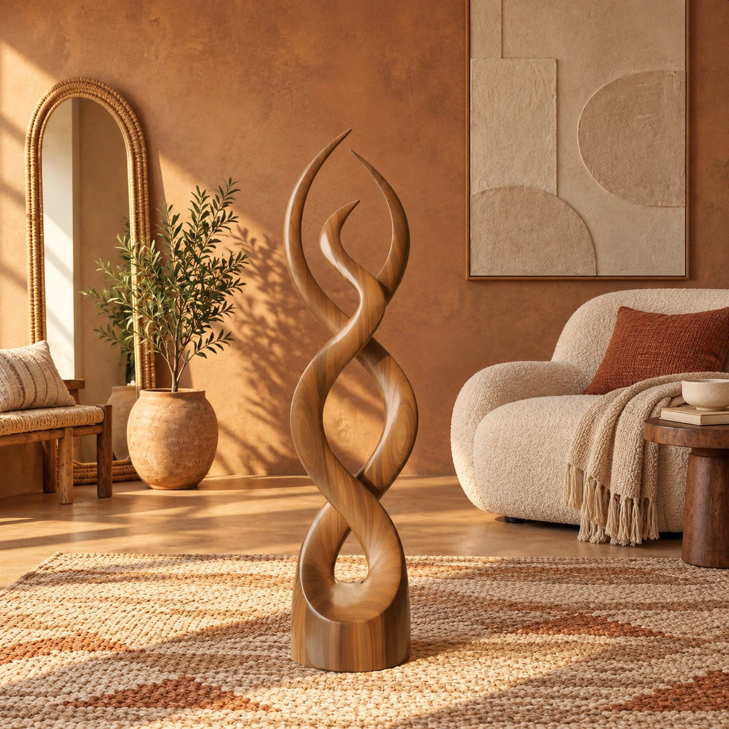 Modern Twisted Wood Sculpture With Entwined Double Spiral Form
