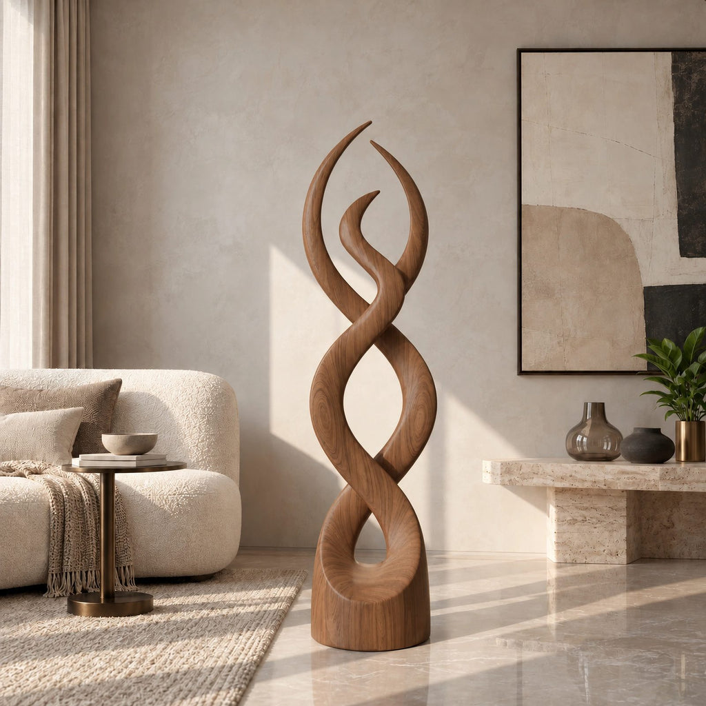 Modern Twisted Wood Sculpture With Entwined Double Spiral Form