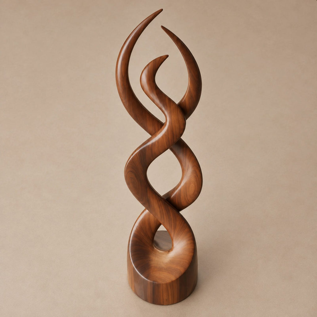 Modern Twisted Wood Sculpture With Entwined Double Spiral Form