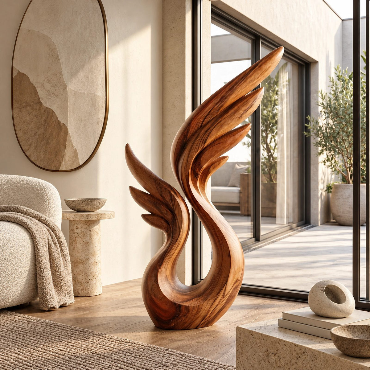 Organic Wood Sculpture With Soaring Wing Silhouette