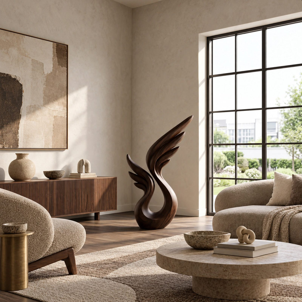 Organic Wood Sculpture With Soaring Wing Silhouette