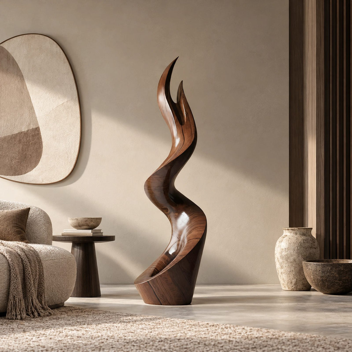 Contemporary Wood Sculpture With Forked Flame Silhouette