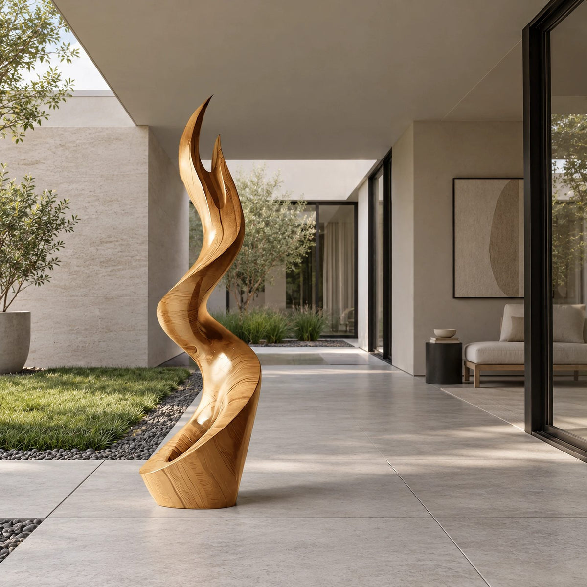 Contemporary Wood Sculpture With Forked Flame Silhouette