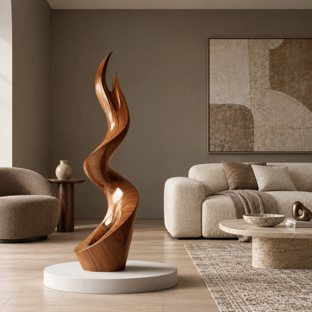 Contemporary Wood Sculpture With Forked Flame Silhouette