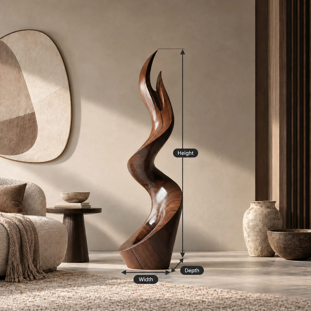 Contemporary Wood Sculpture With Forked Flame Silhouette