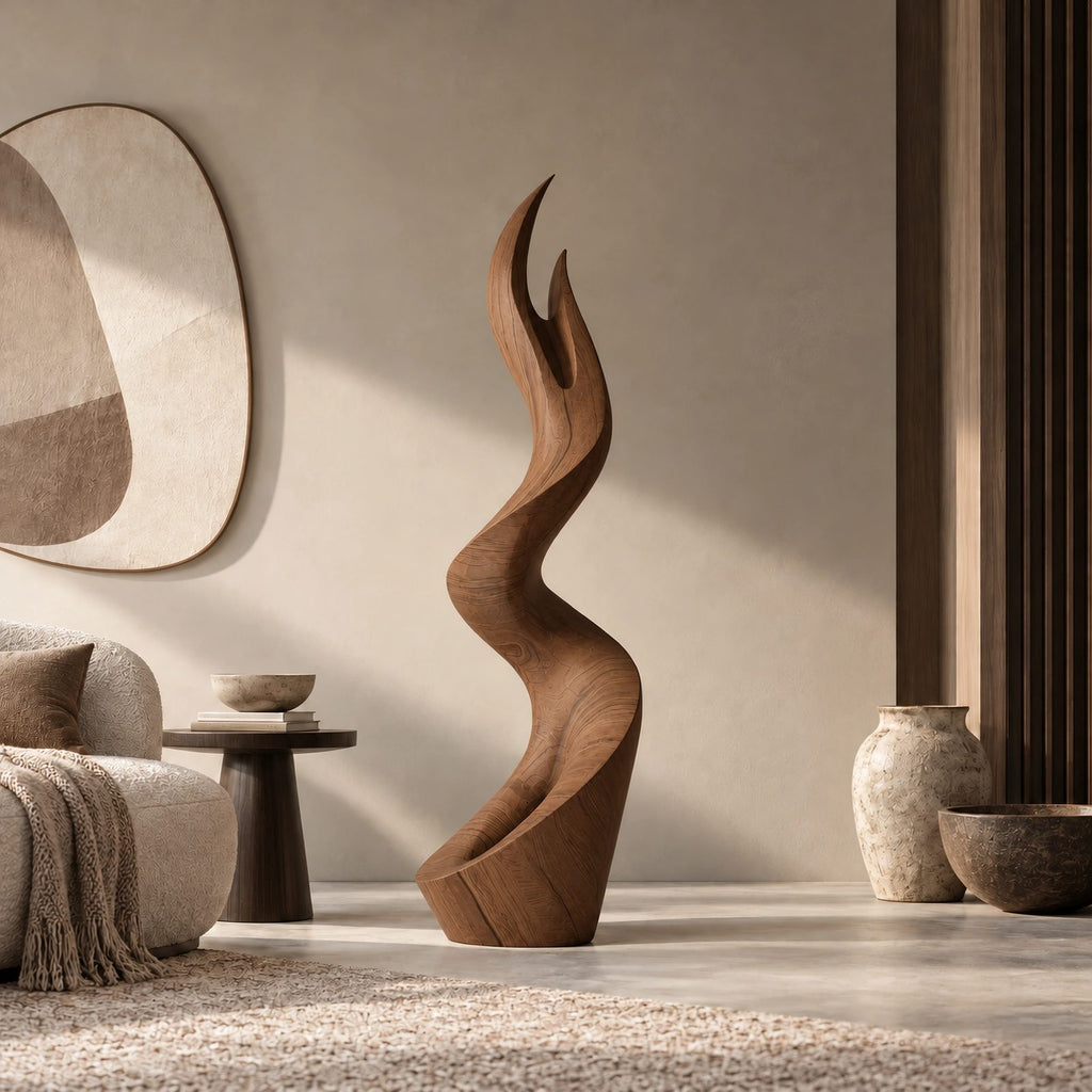 Contemporary Wood Sculpture With Forked Flame Silhouette