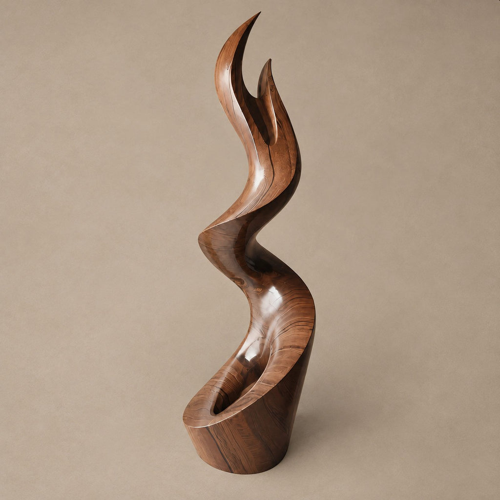 Contemporary Wood Sculpture With Forked Flame Silhouette