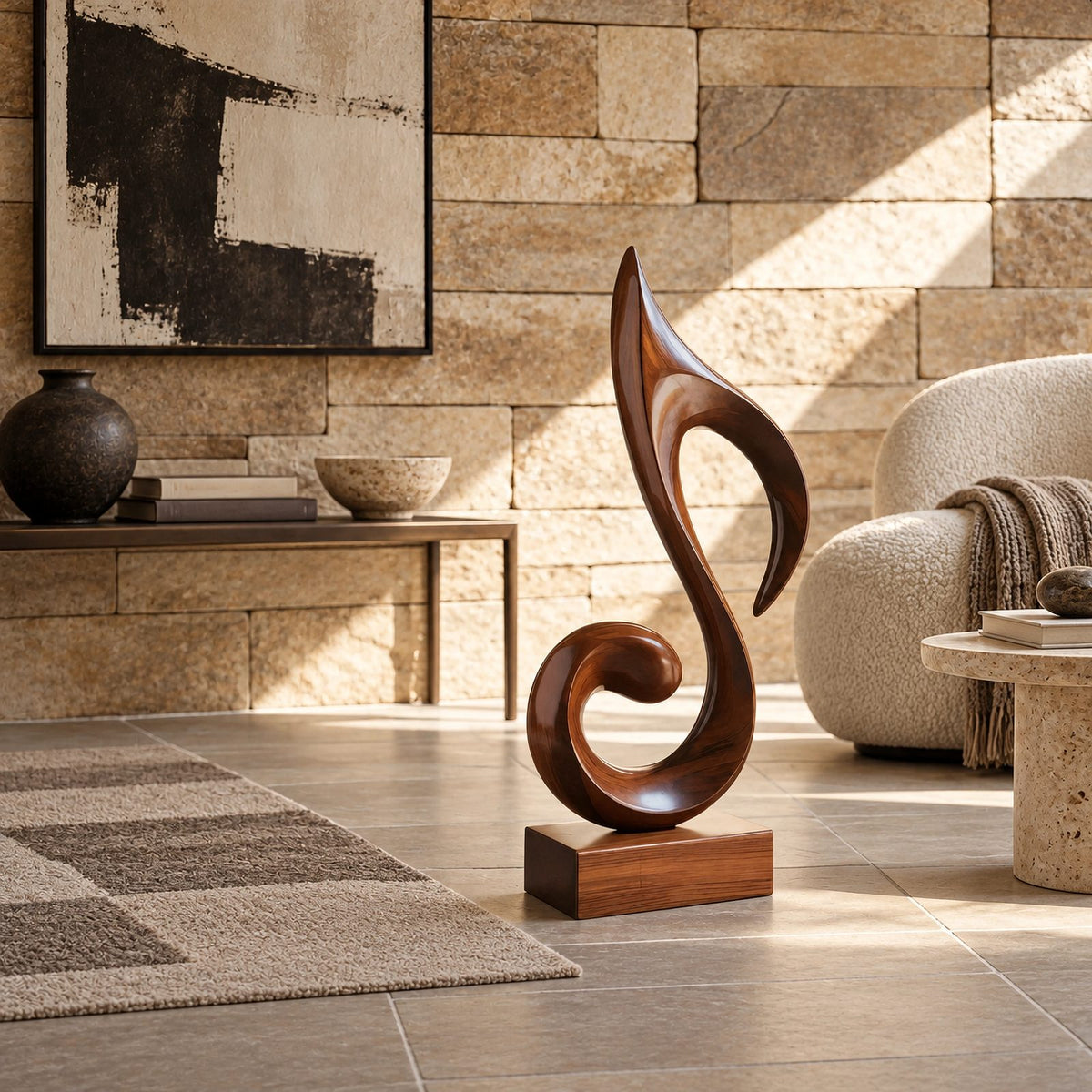 Mid Century Wood Sculpture With Carved Scroll Curl Form
