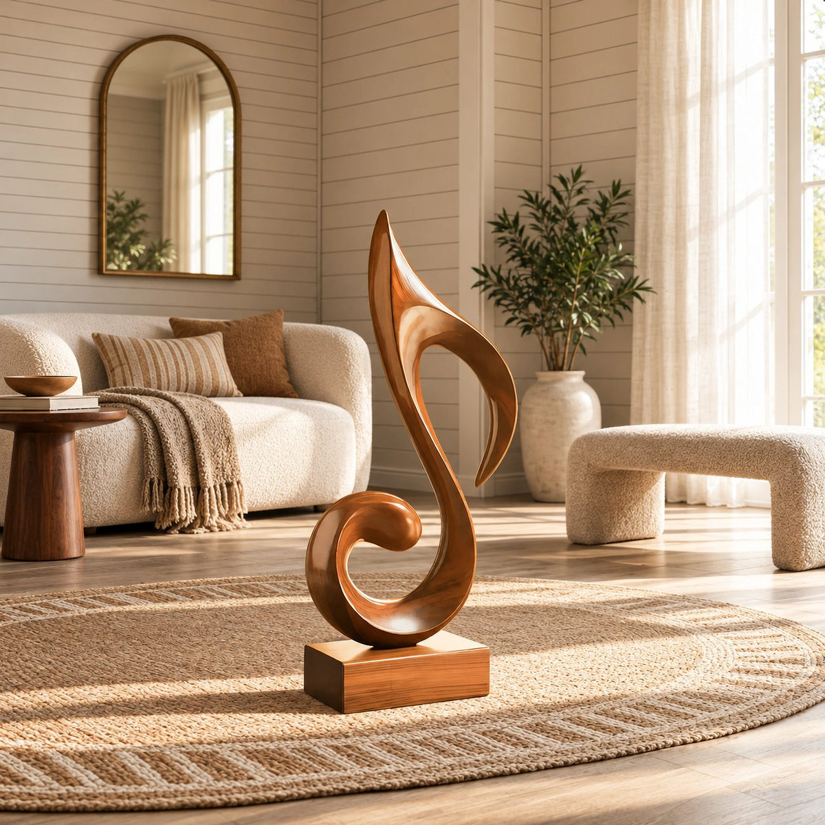Mid Century Wood Sculpture With Carved Scroll Curl Form