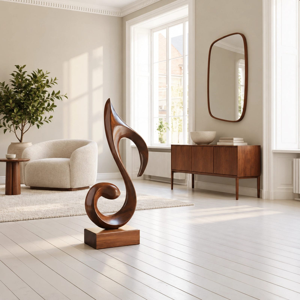 Mid Century Wood Sculpture With Carved Scroll Curl Form
