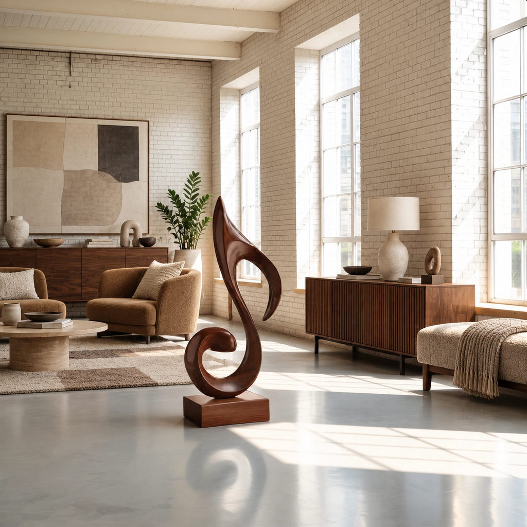 Mid Century Wood Sculpture With Carved Scroll Curl Form