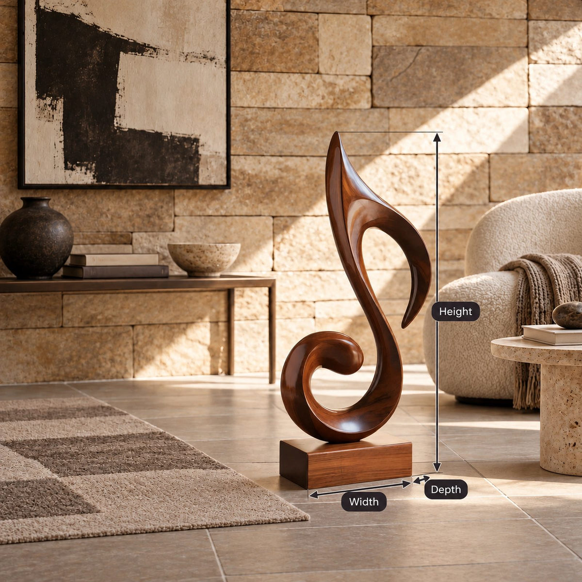 Mid Century Wood Sculpture With Carved Scroll Curl Form