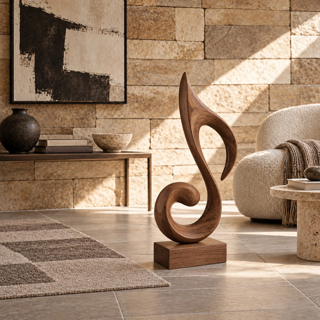 Mid Century Wood Sculpture With Carved Scroll Curl Form
