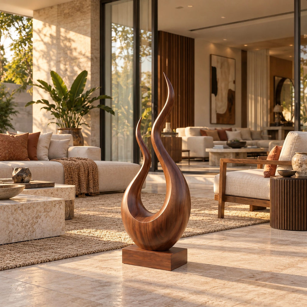 Handcrafted Wood Sculpture With Twisting Teardrop Loop Form