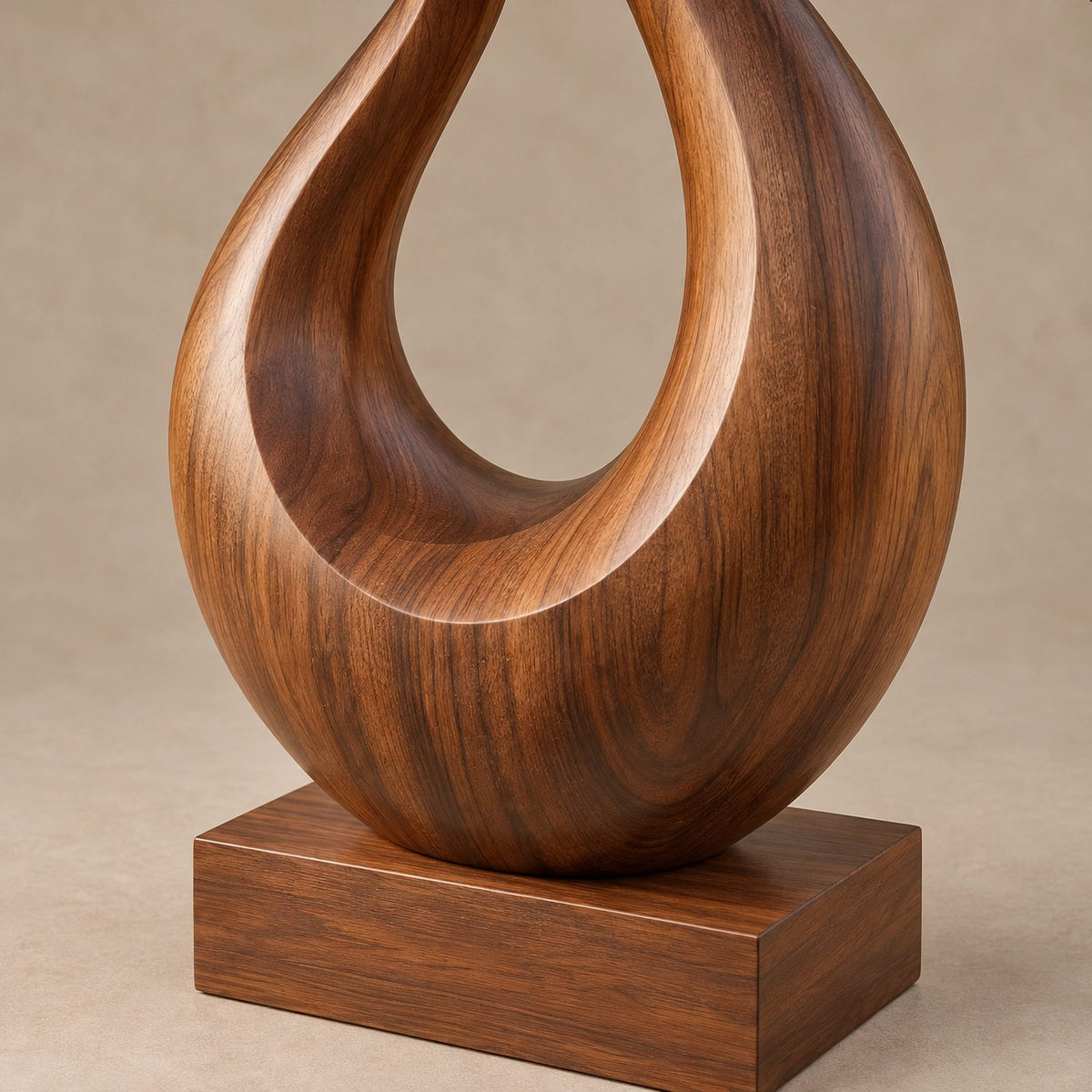 Handcrafted Wood Sculpture With Twisting Teardrop Loop Form