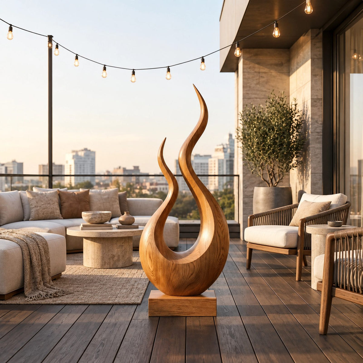 Handcrafted Wood Sculpture With Twisting Teardrop Loop Form