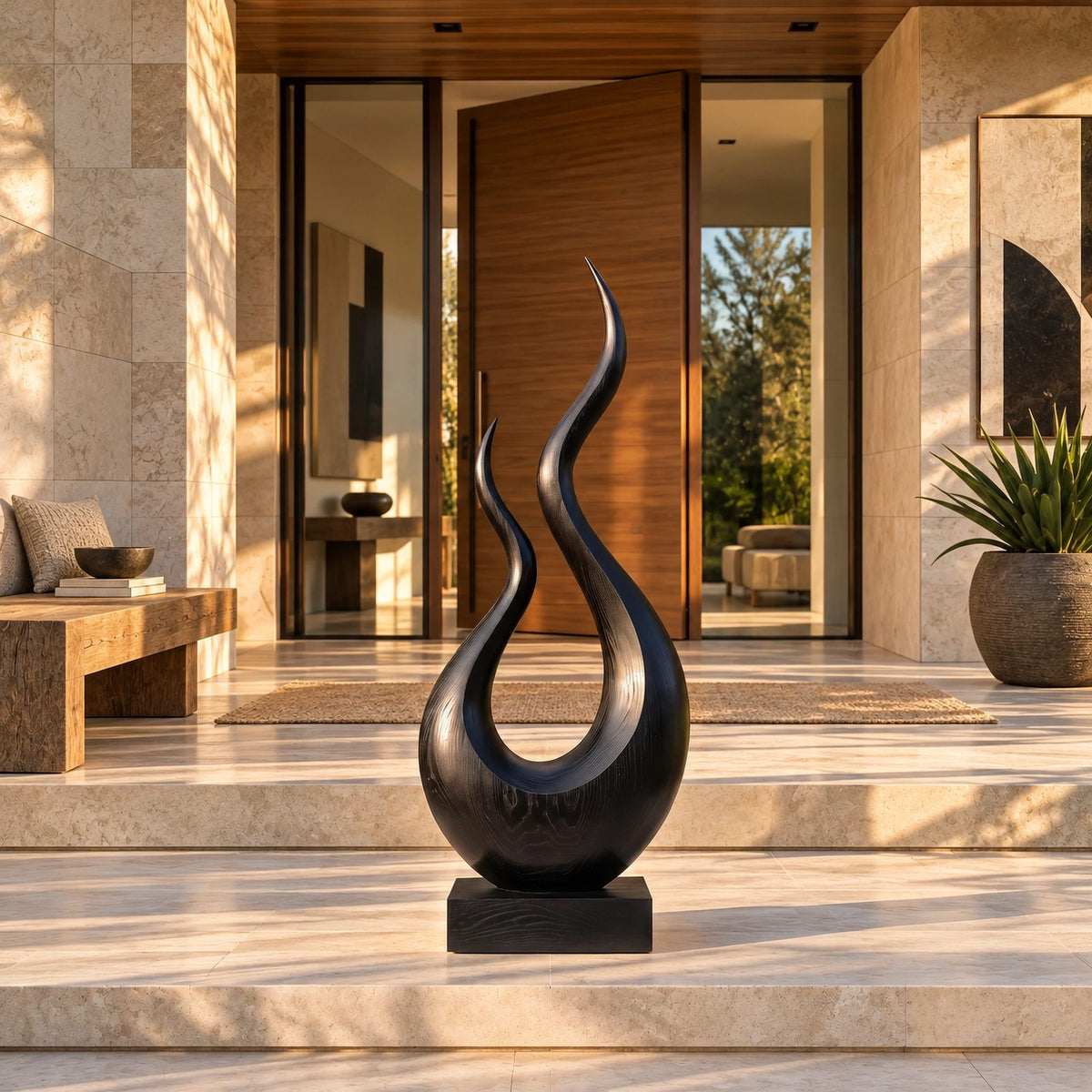 Handcrafted Wood Sculpture With Twisting Teardrop Loop Form