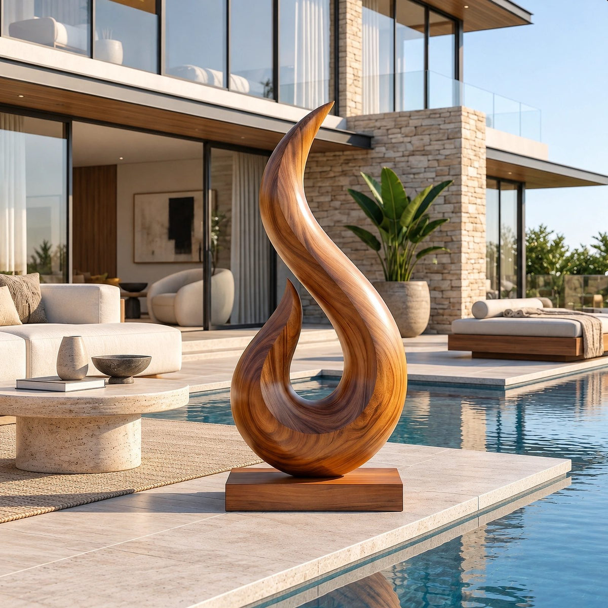 Coastal Wood Sculpture With Curling Flame Hook Form