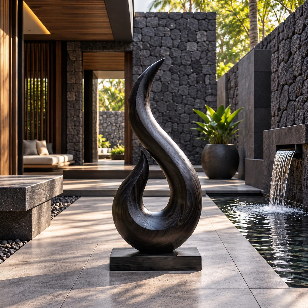 Coastal Wood Sculpture With Curling Flame Hook Form