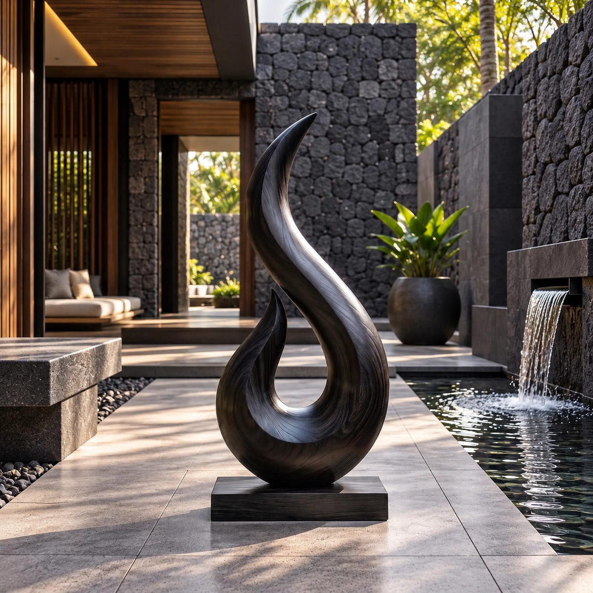 Coastal Wood Sculpture With Curling Flame Hook Form