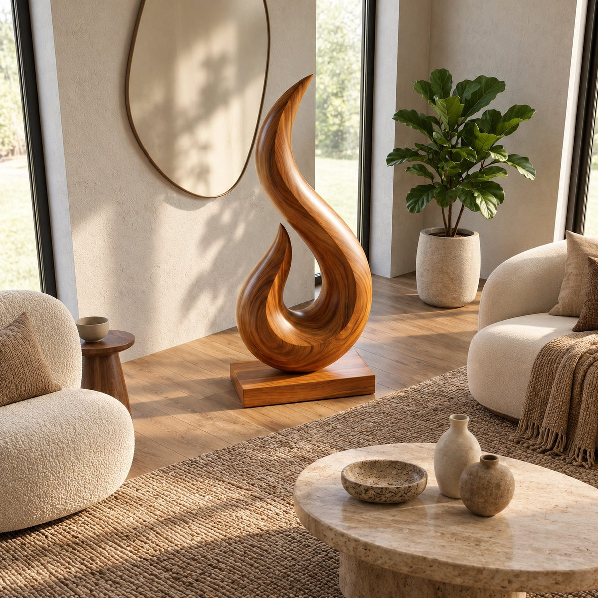 Coastal Wood Sculpture With Curling Flame Hook Form