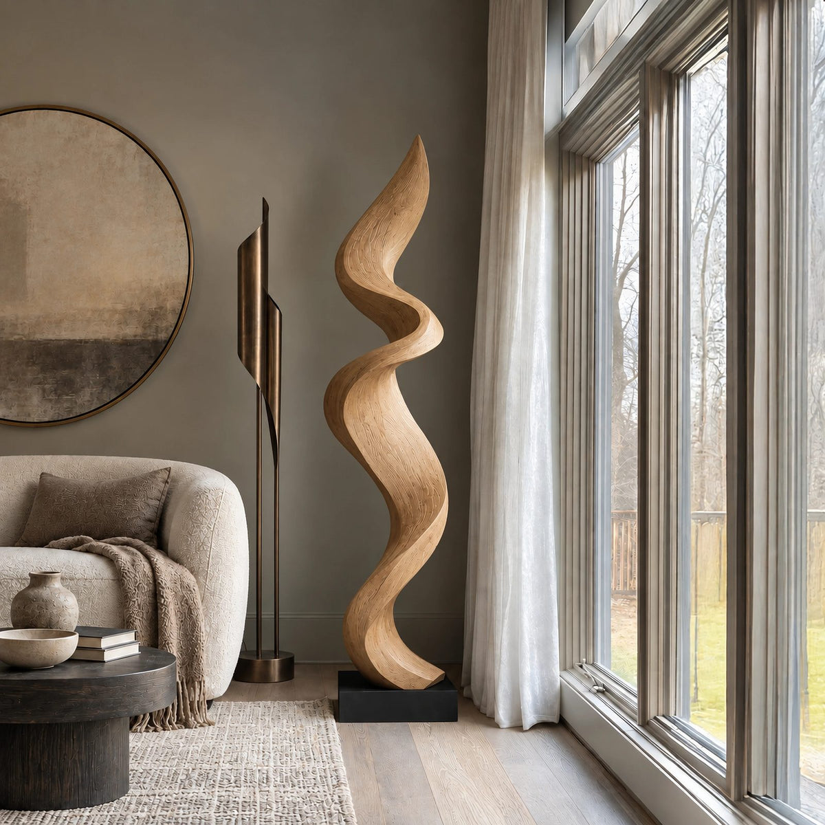 Scandinavian Wood Sculpture With Serpentine Ribbon Form
