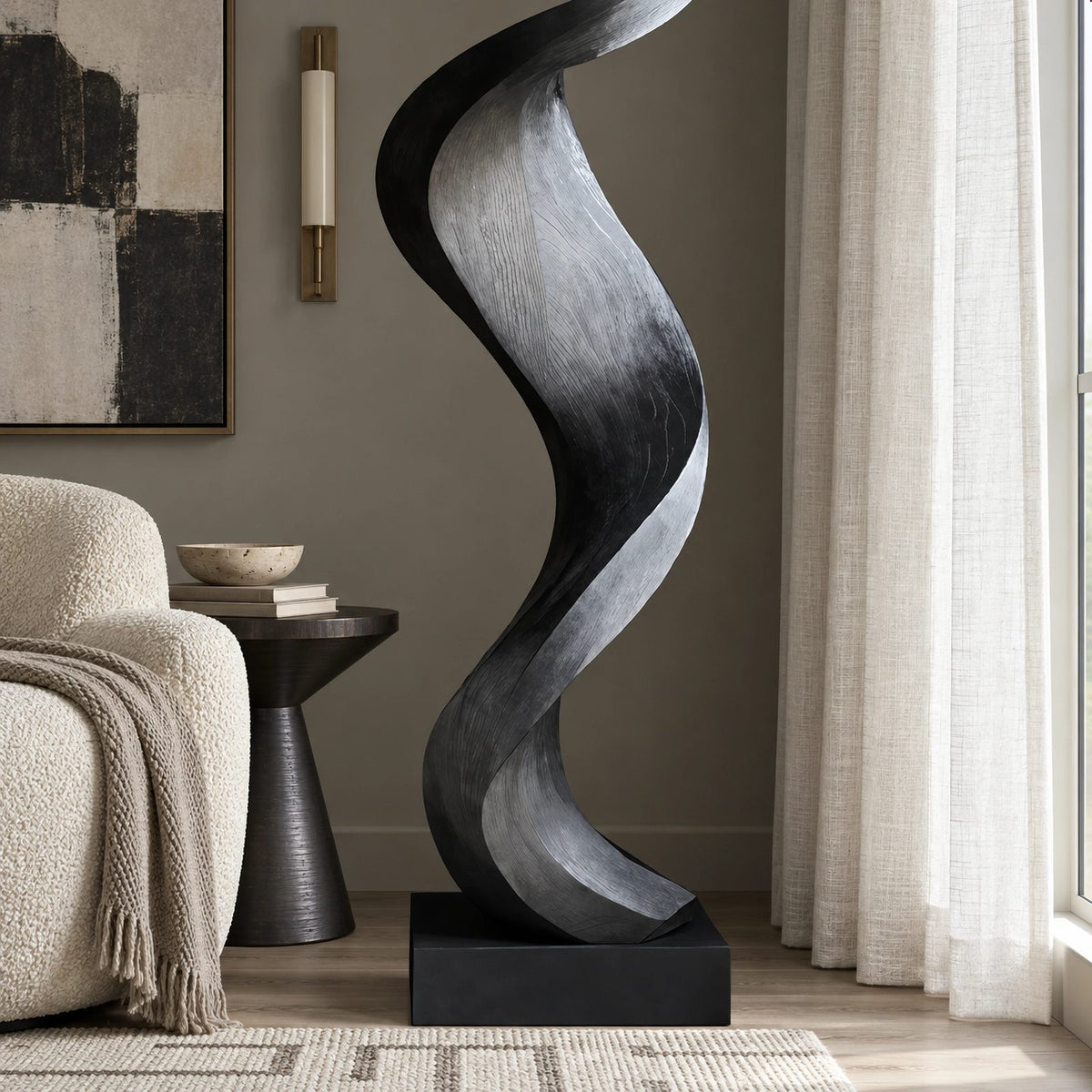 Scandinavian Wood Sculpture With Serpentine Ribbon Form