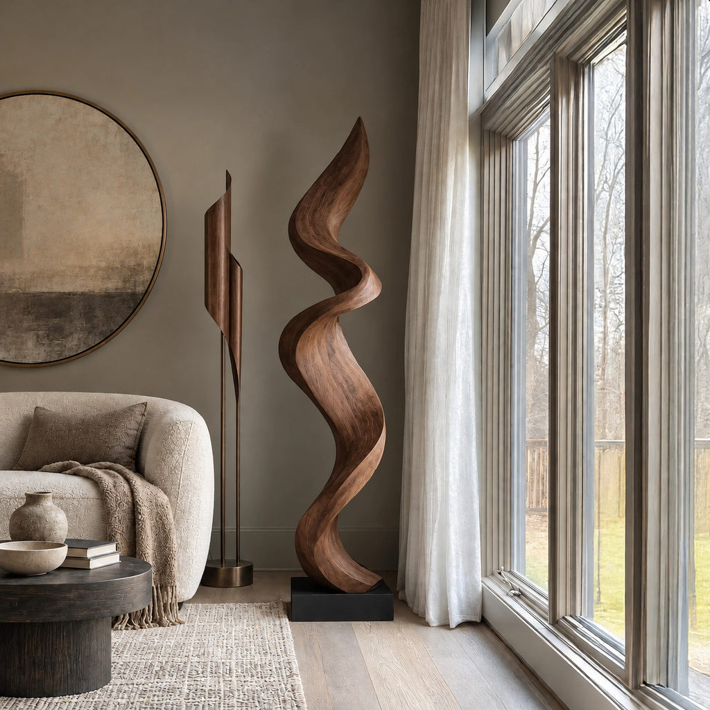 Scandinavian Wood Sculpture With Serpentine Ribbon Form